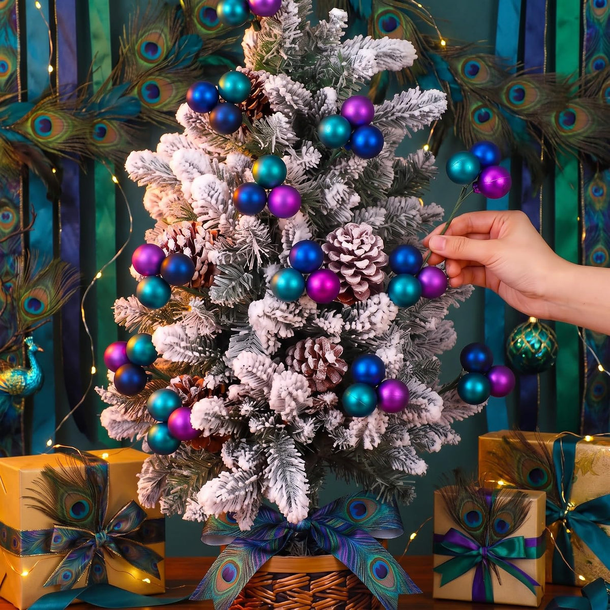 Syhood 12 Sets 7.9 Inch Christmas Peacock Ball Picks, Purple Blue Teal