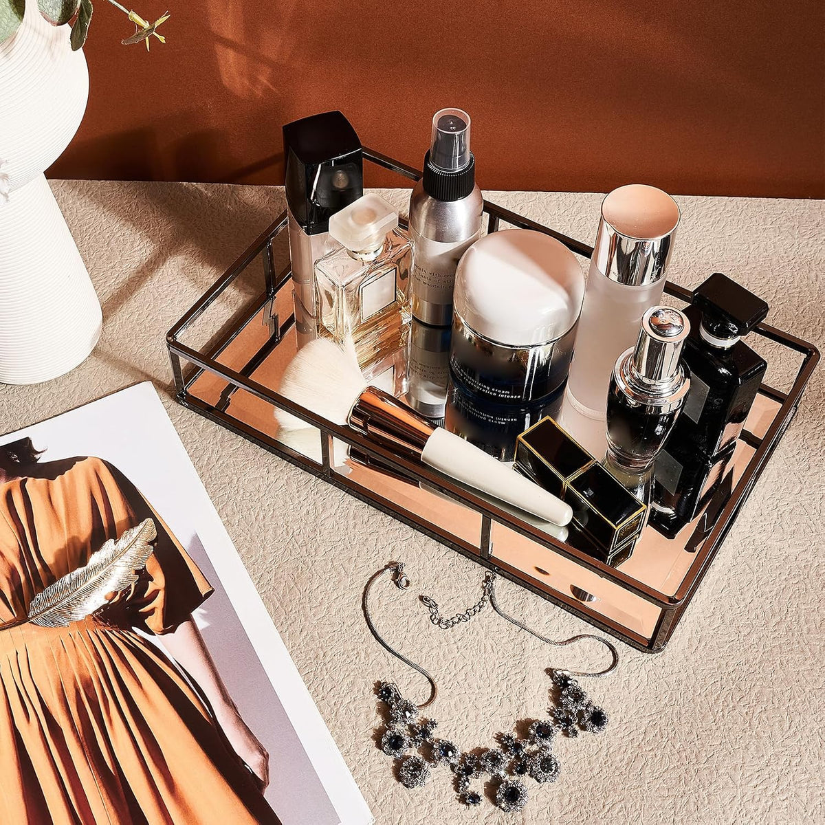 PuTwo Tray Mirror Smoky Black Dresser Ornate Metal Jewelry Organizer