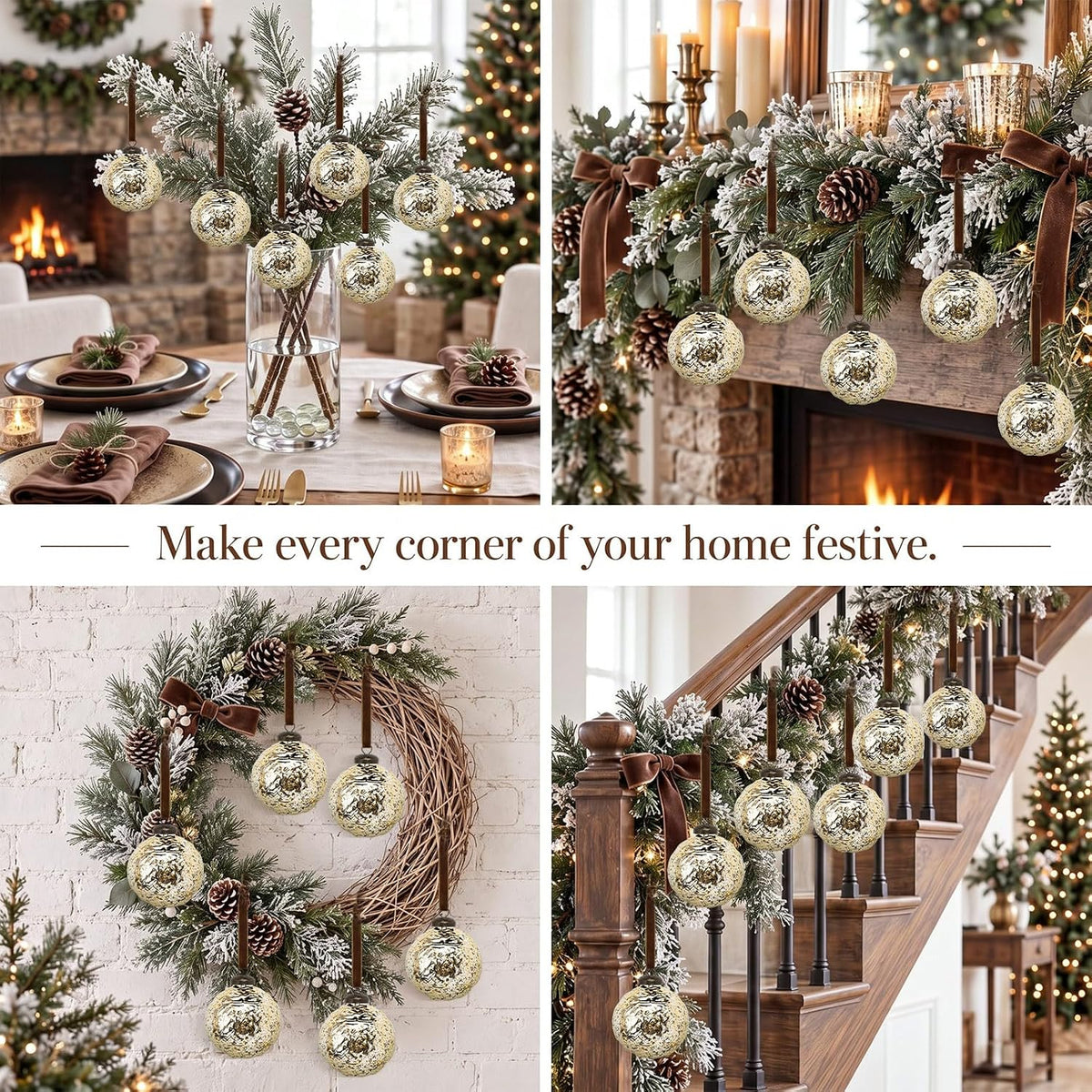 Threan 6 Pcs Vintage Gold Mercury Glass Christmas Ornaments, Polka Dot