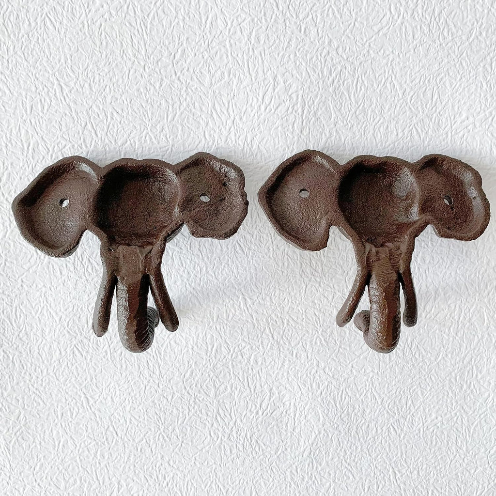 Rustic Elephant-Shaped Decorative Wall Hook Rack Hangers for Hanging Clothes, Coats, Towels, Keys, and Hats, 2-Pack Antique Cast Iron Mounted Wall Hooks