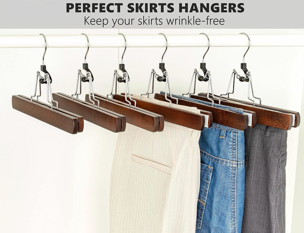 Amber Home 10 Pack Walnut Wooden Pants Clip Hangers, Wood Skirt Hangers