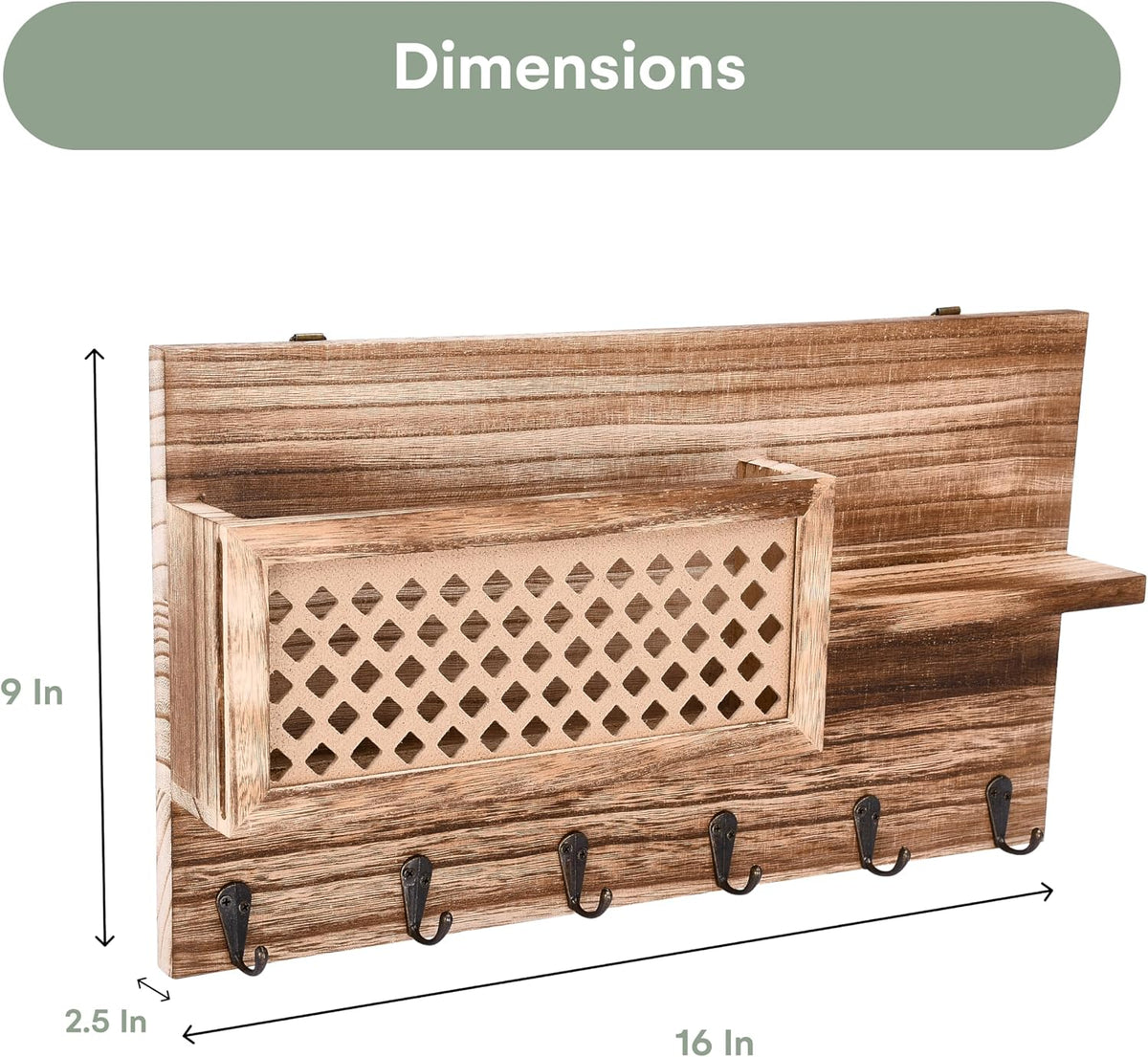 Wooden Key Holder Wall Mount - 9"x16"x2.5" - Brown - Hanging Mail Sorter and Key Holder for Wall - Hallway Hanger Shelf with Coat Hooks - Decorative Organizer Rack