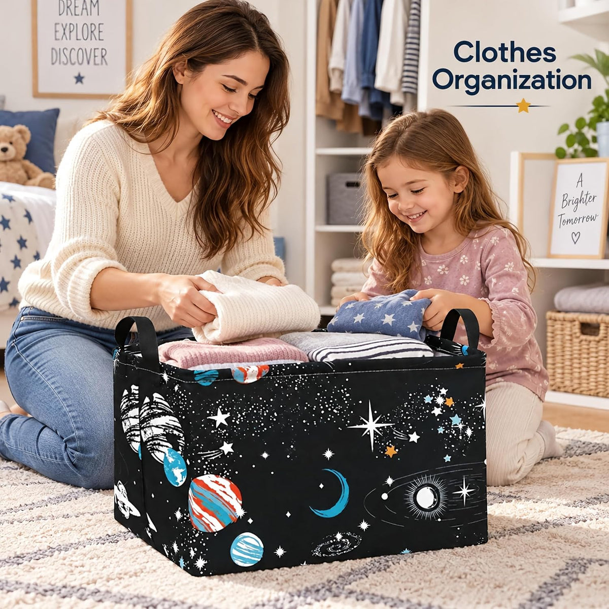 Space Storage Basket, Rectangular Cotton Linen Blend Organizer Bin with Handles, Foldable Black Galaxy Planet and Star Storage Box for Shelves, Closet, Bedroom and Dorm Room
