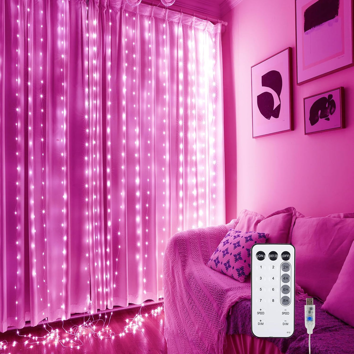 Pink Fairy Curtain Lights for Bedroom - 300 LED 9.8x9.8 Ft Battery Operated String Lights with Remote, 8 Modes USB Plug-in - for Pink Room, Party, Bedroom Decoration