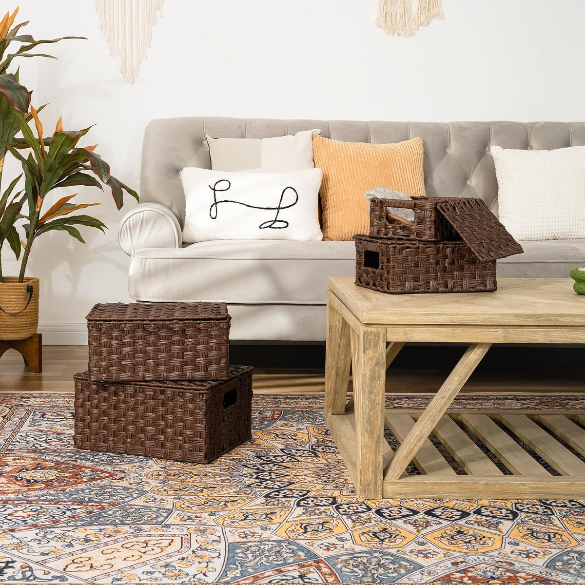 GRANNY SAYS Wicker Basket with Lid, Decorative Storage Baskets for Shelves