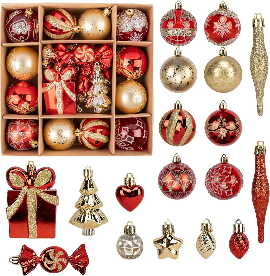 46PCS Christmas Ornament Set, Red and Gold Christmas Tree Decor