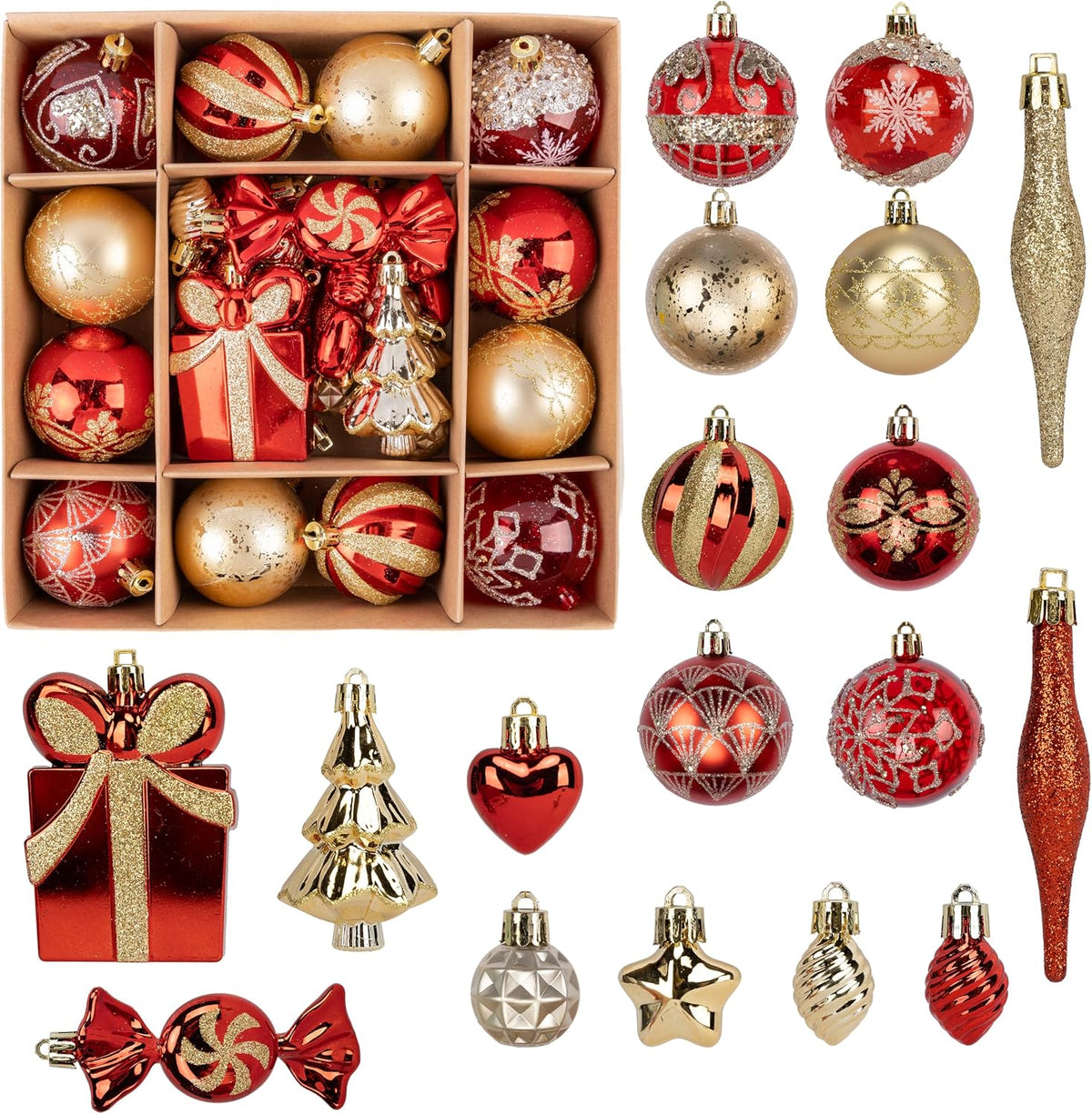 46PCS Christmas Ornament Set, Red and Gold Christmas Tree Decor