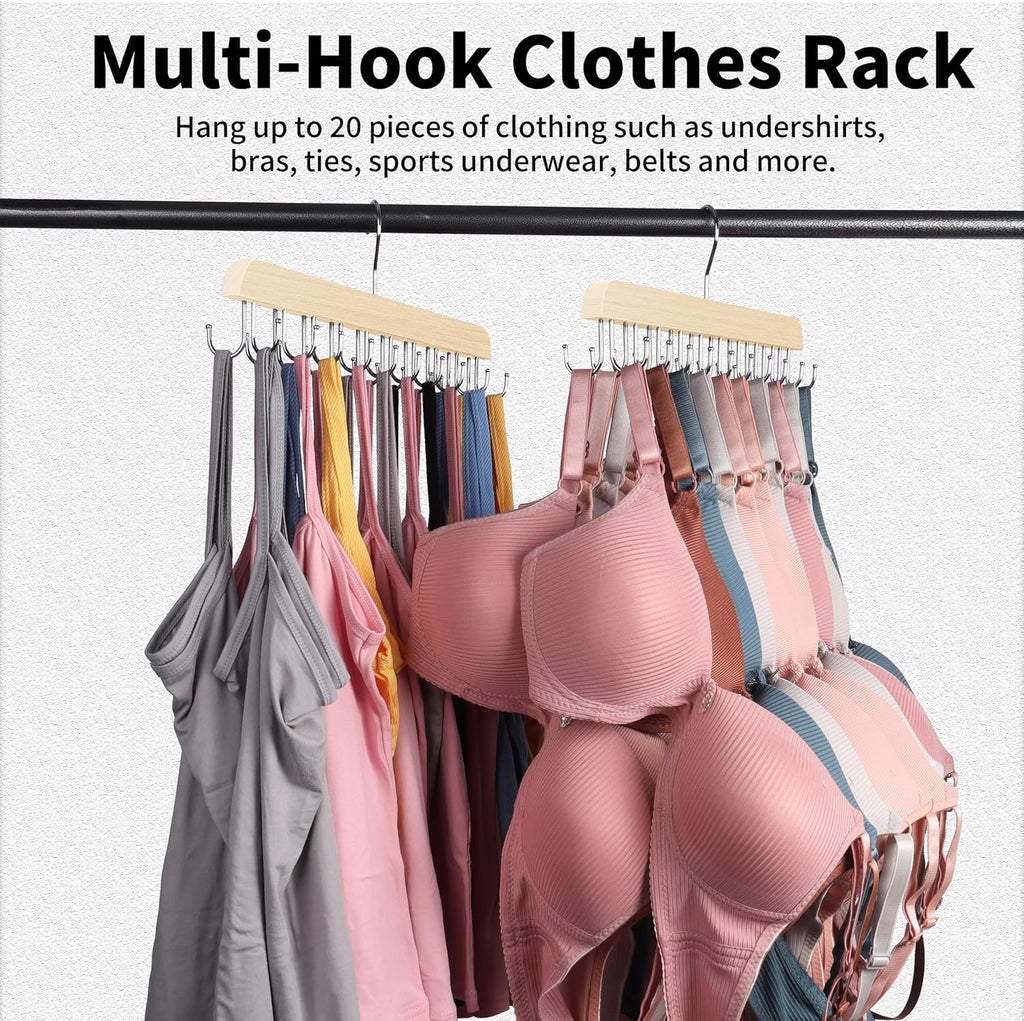Bra Hangers for Closet Organizer,Tank Top Hanger with 20 Hooks,Space Saving Wooden Adjustable Hangers,Closet Organizers and Storage Suitable for Dorm,Apartments (2, Wood)