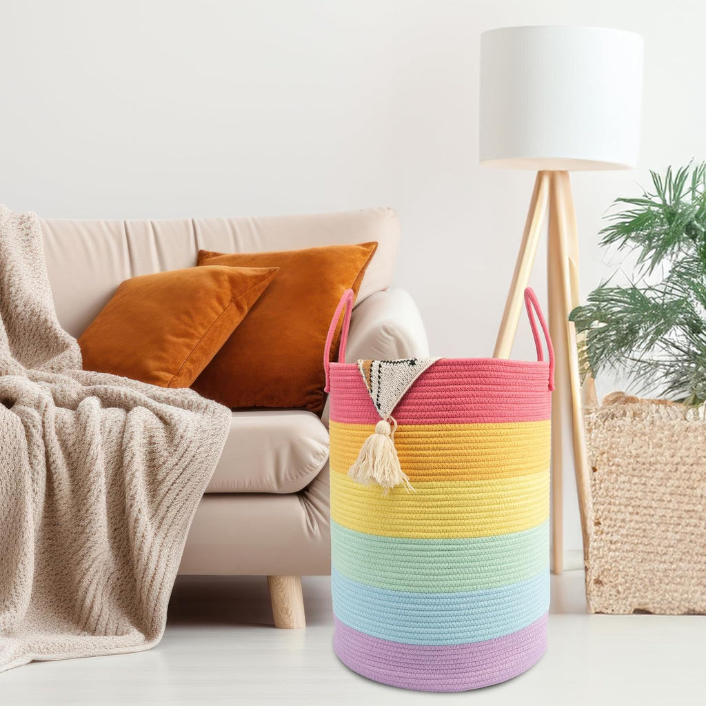 Woven Cotton Rope Laundry Basket, 15" x 20" Laundry Hamper, Rainbow