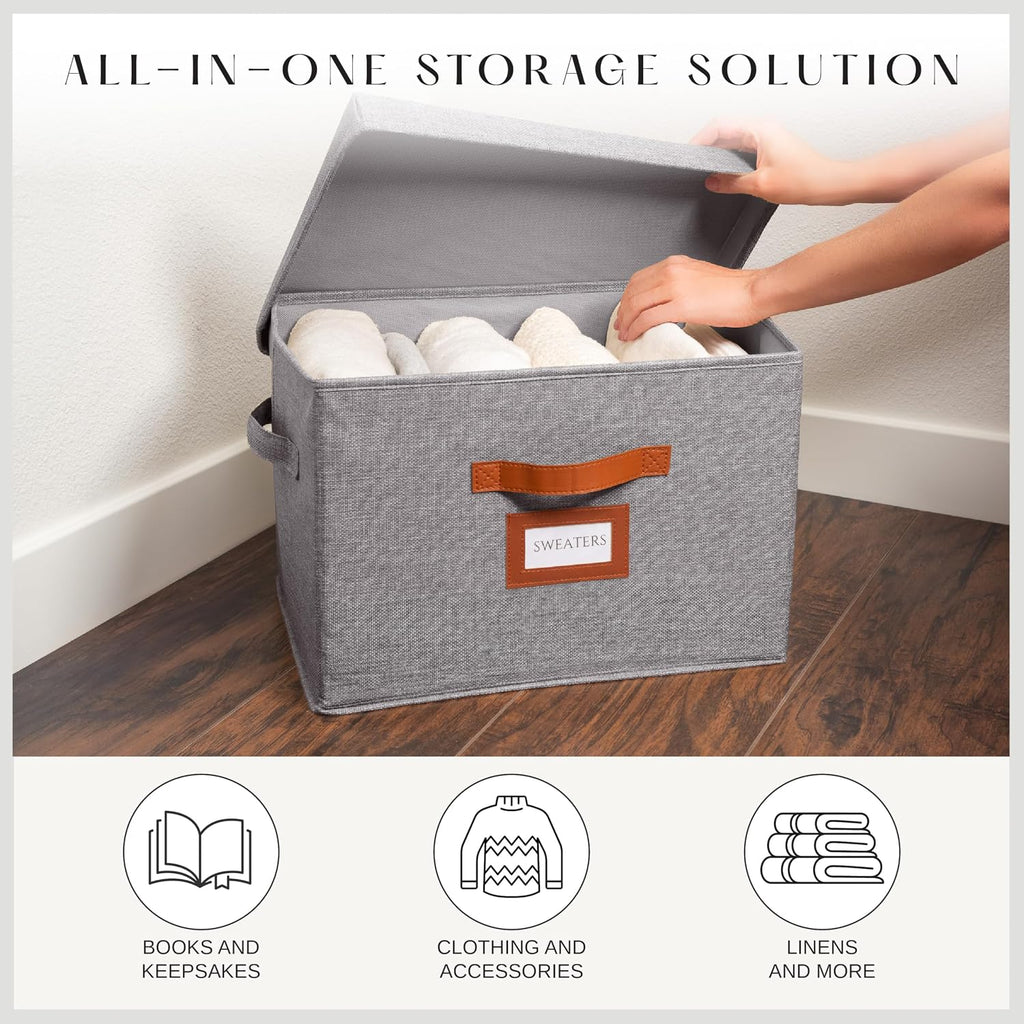 3 Pack Large Fabric Storage Boxes with Lids (15.75" x 11.25" x 11.25") - Decorative Bin with Lid, Label Holder, Faux Leather Handles - Large Storage Boxes for Organizing Clothes, Blankets - Grey