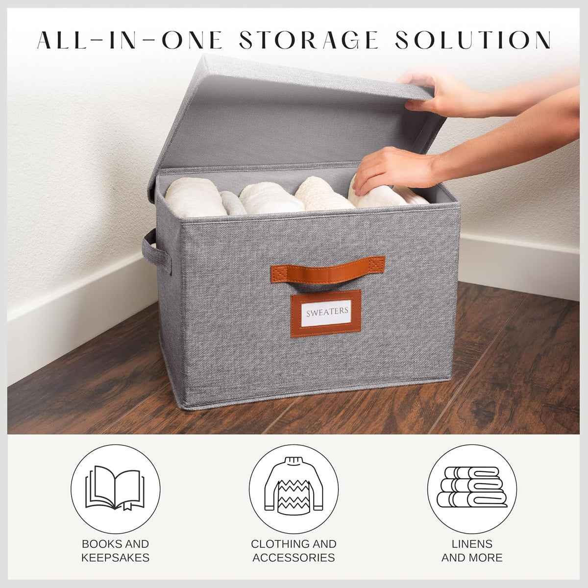 3 Pack Large Fabric Storage Boxes with Lids (15.75" x 11.25" x 11.25") - Decorative Bin with Lid, Label Holder, Faux Leather Handles - Large Storage Boxes for Organizing Clothes, Blankets - Grey