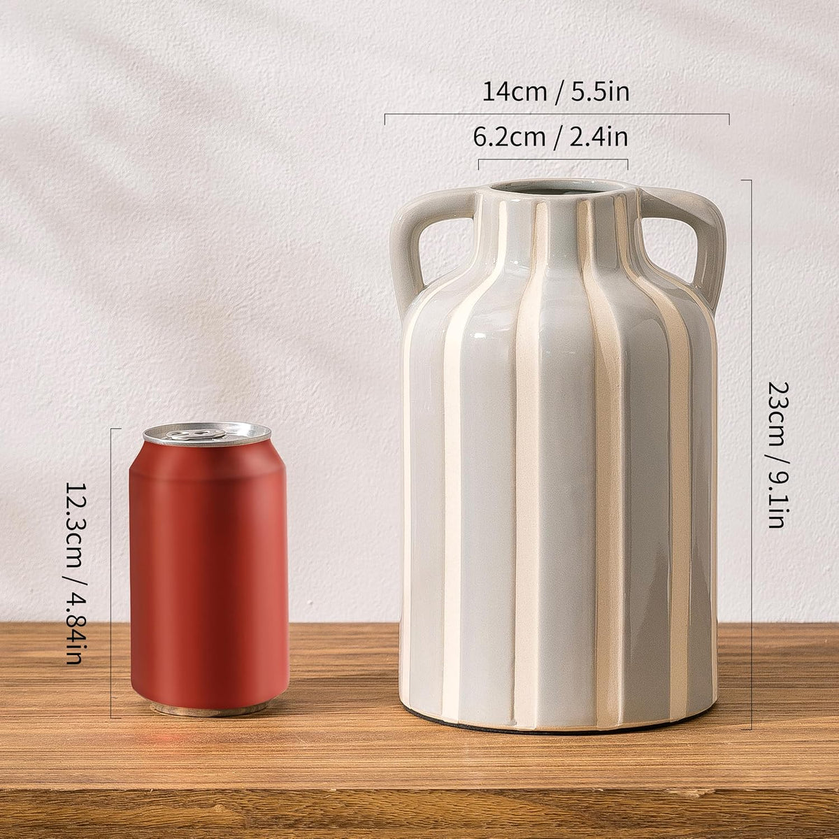 SURE YUESI Grey Ceramic Vase with Handles, Modern Farmhouse Striped Decorative Vase, 9.1" Art Deco Tall Flower Vases for Pampas Grass, Shelf Decor, Dining Table Centerpiece, Living Room Home Decor