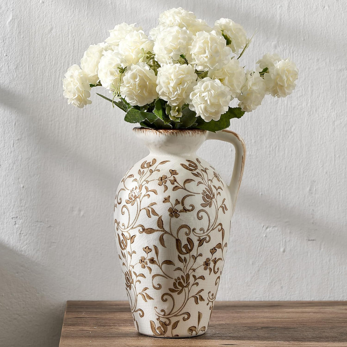 8.9 Inch Vintage Brown Chinoiserie Floral Vase, Antique Rustic Ceramic Vase for Home Decor, Living Room, Bookshelf, Office, Entryway, Garden, Chinoiserie Decor, Tuscan Decor