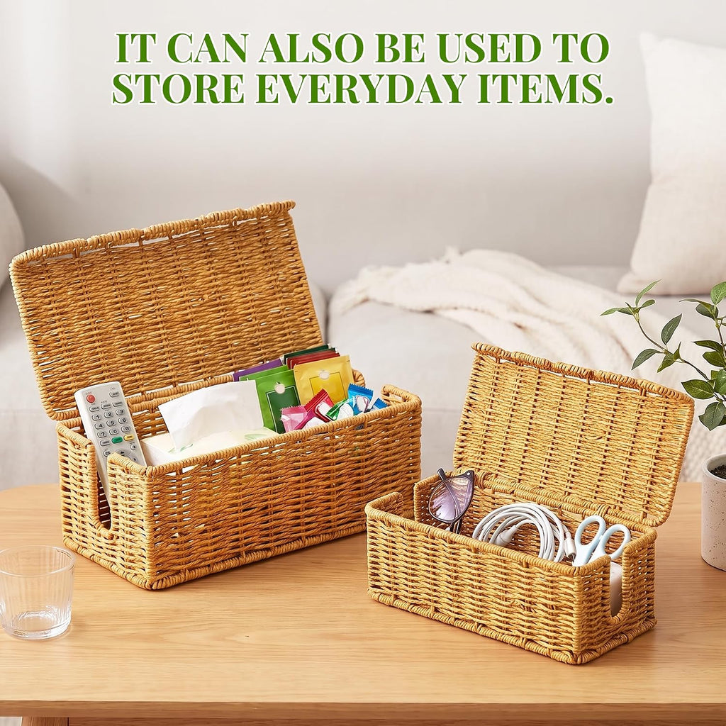 2 PCS Handmade Rattan Cable Management Box,Decorative Cord Hider
