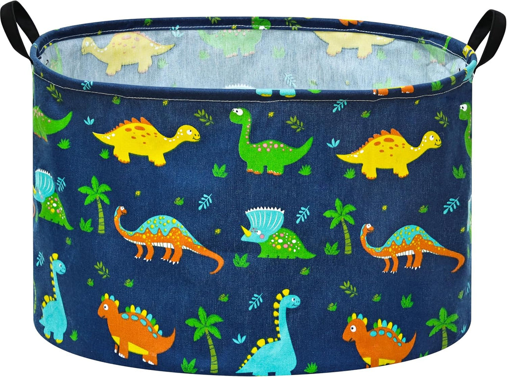 Dinosaur Storage Basket, Large Collapsible Toy Storage Bin with Handles, Cotton Linen Blend Fabric Laundry Basket for Bedroom, Playroom, Nursery, Closet and Home Organization, Navy Blue