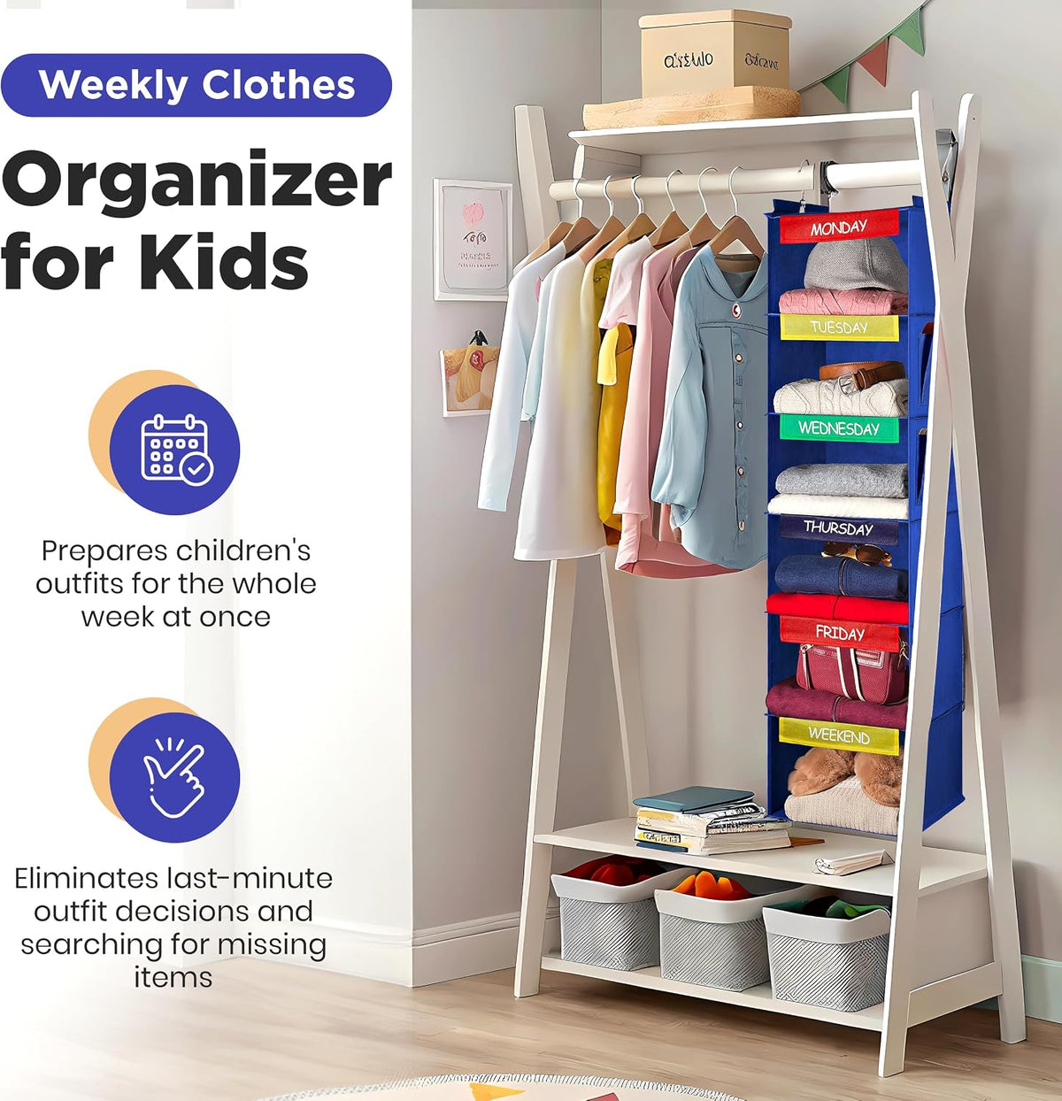 Kids Hanging Closet Organizer 6-Shelf with Day-of-Week Labels Blue