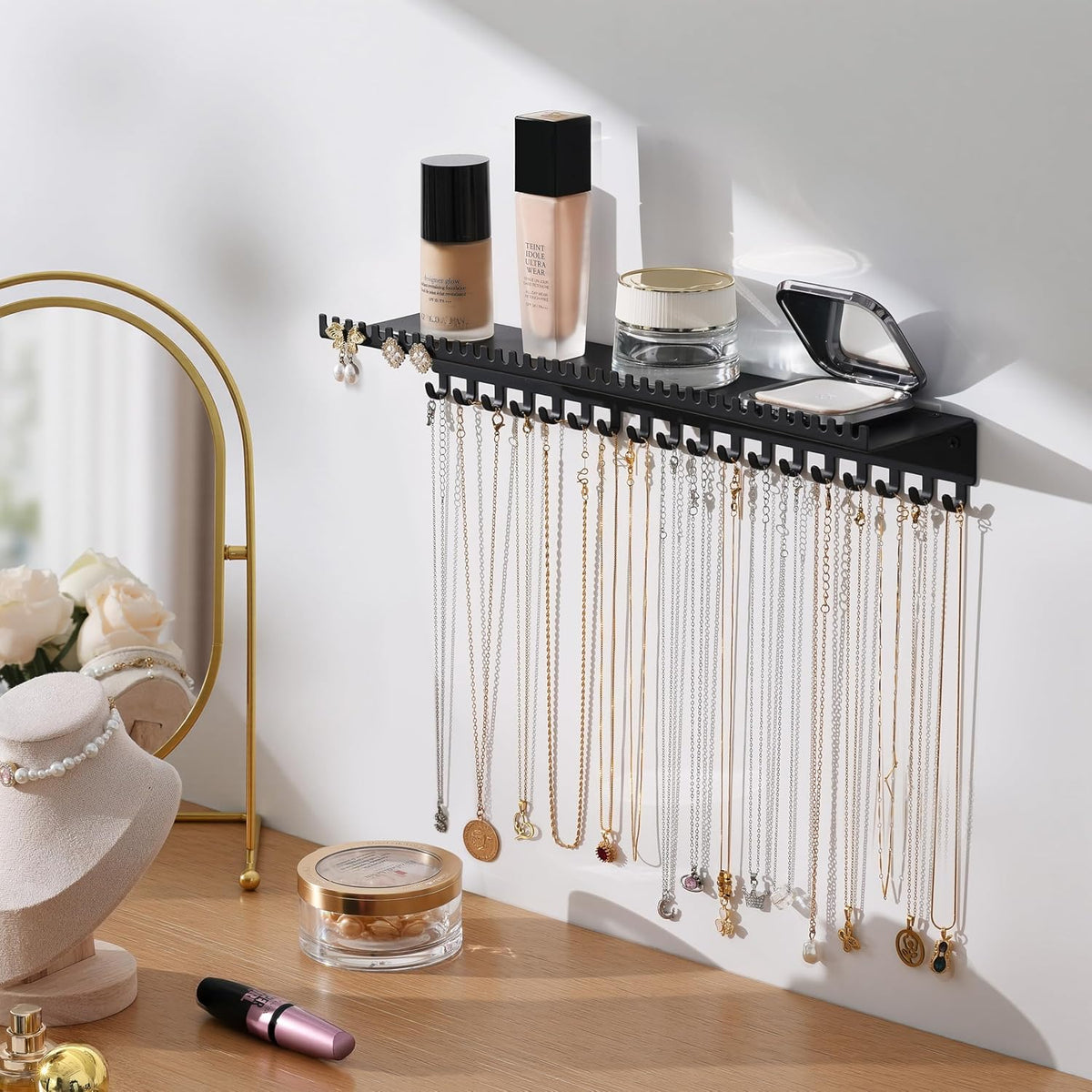 Wall Mounted Necklace Holder with Shelf, Wall Jewelry Organizer, Black