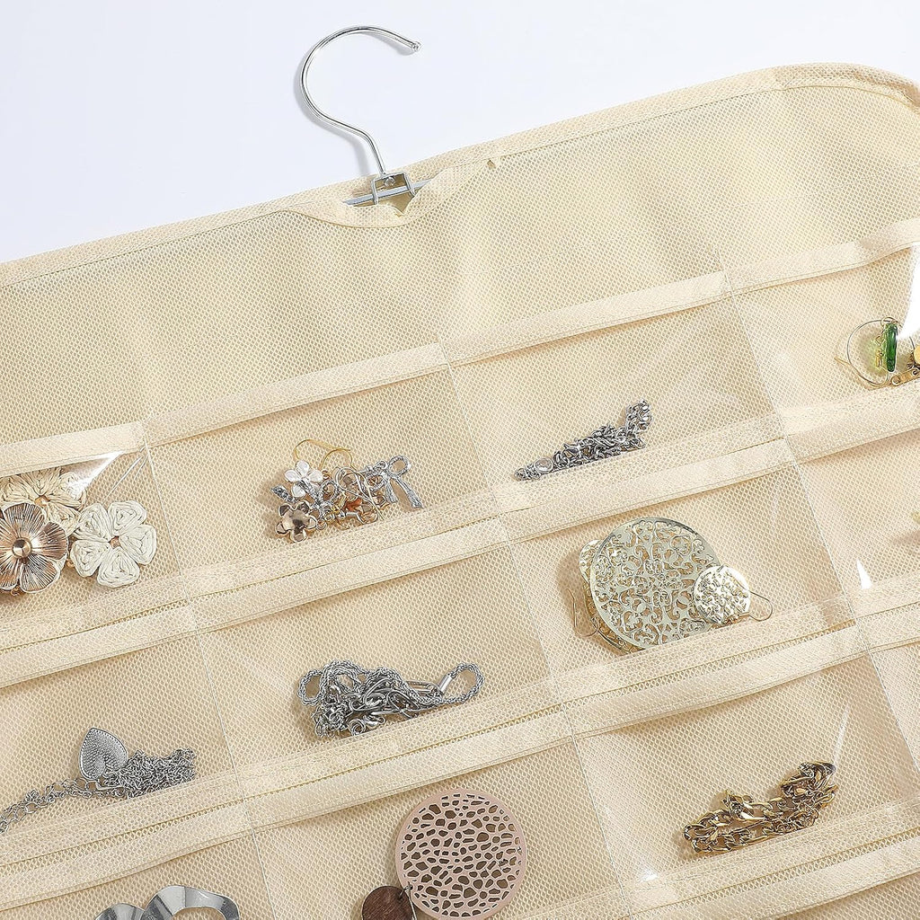 4 Pack Hanging Jewelry Organizer with 80 Clear Pockets, Double-Sided Hanger for Closet Door Wall, Beige Jewelry Holder for Earrings, Necklaces, Bracelets