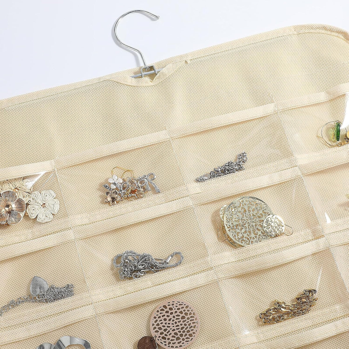 4 Pack Hanging Jewelry Organizer with 80 Clear Pockets, Double-Sided Hanger for Closet Door Wall, Beige Jewelry Holder for Earrings, Necklaces, Bracelets