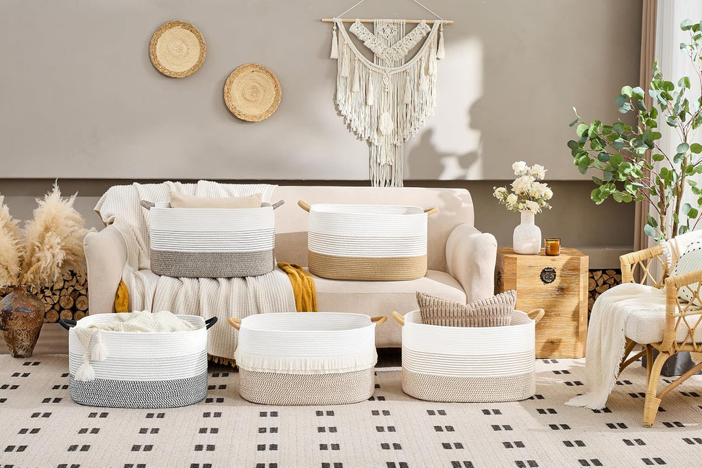 Large Blanket Basket, 75L Woven Rope Storage Basket 22x17x12 in