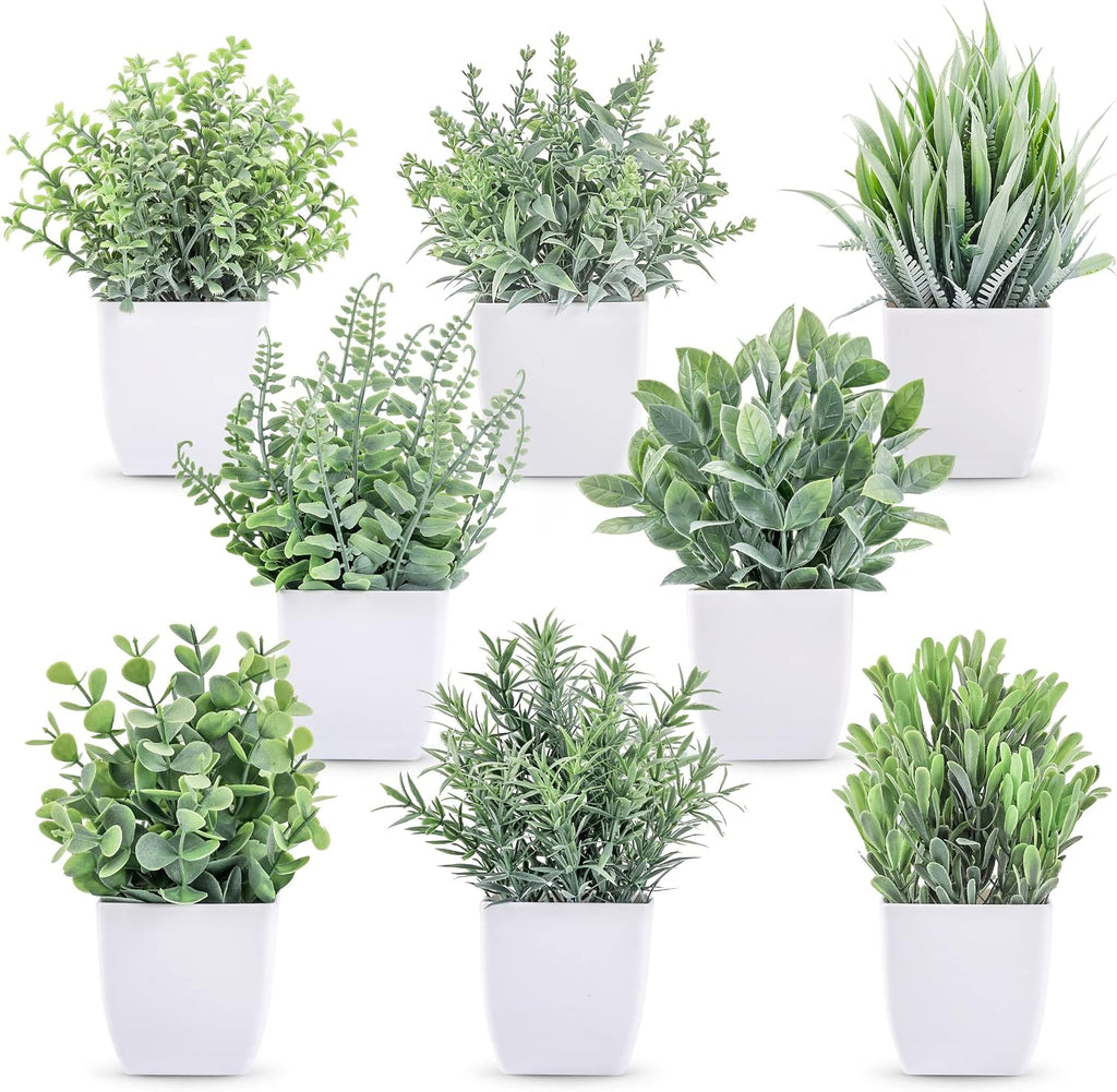 Der Rose 8 Pack Small Fake Plants in White Pots, Office Home Decor Indoor