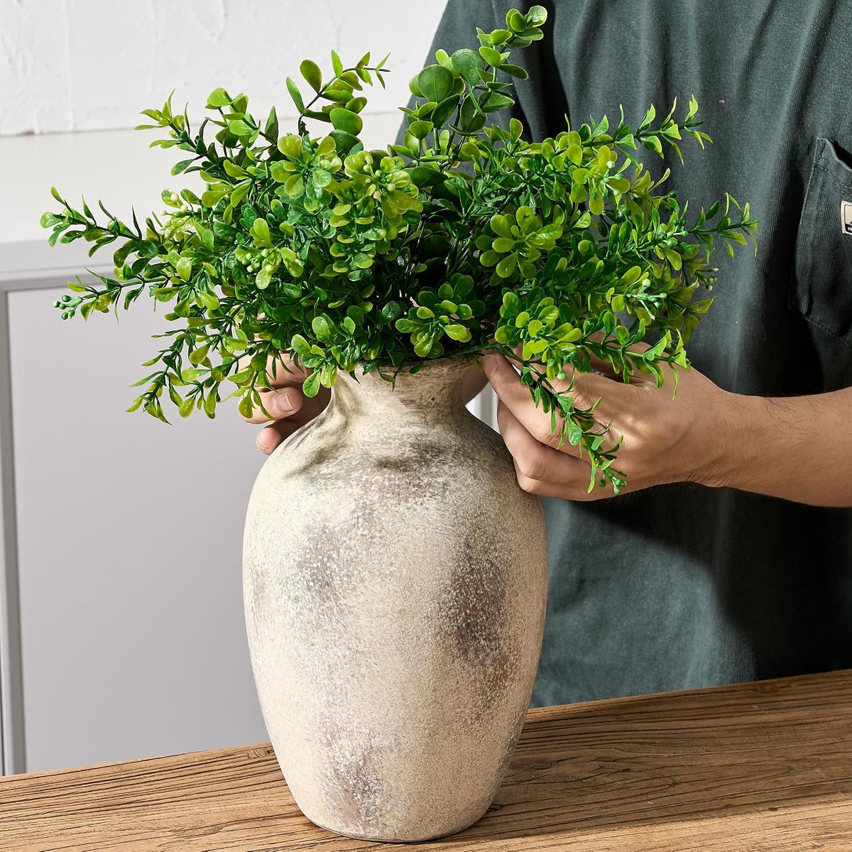 Large Ceramic Rustic Flower Vase, 10.43 Inch Tall Vintage Pottery Home Decor, Antique Farmhouse Terracotta Vase for Living Room, Table, Shelf, Mantel Decoration, Farmhouse - Natural Brown