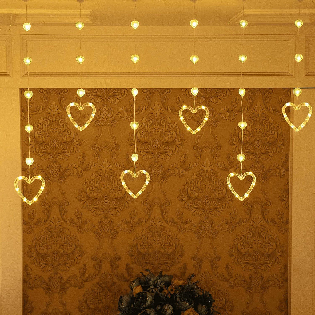 YOLIGHT Heart Curtain Lights, 9.8ft Valentine's Day Window Lights, USB Plug LED Hearts String Lights, Light up Heart Hanging Lights for Valentines Mother's Day Room Decoration (Warm White)
