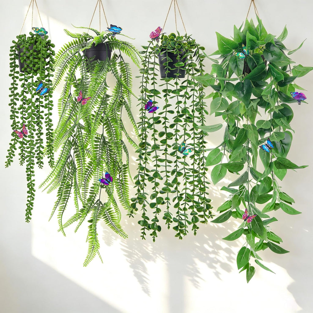 Der Rose 4 Pcs Fake Hanging Plants with Butterflies for Shelf Wall Decor