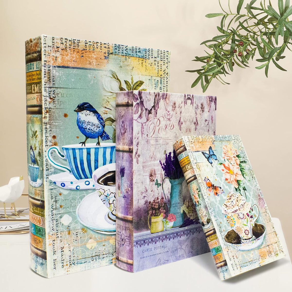 Fake Book Storage Box Decorative Flower Bird Pattern Set of 3
