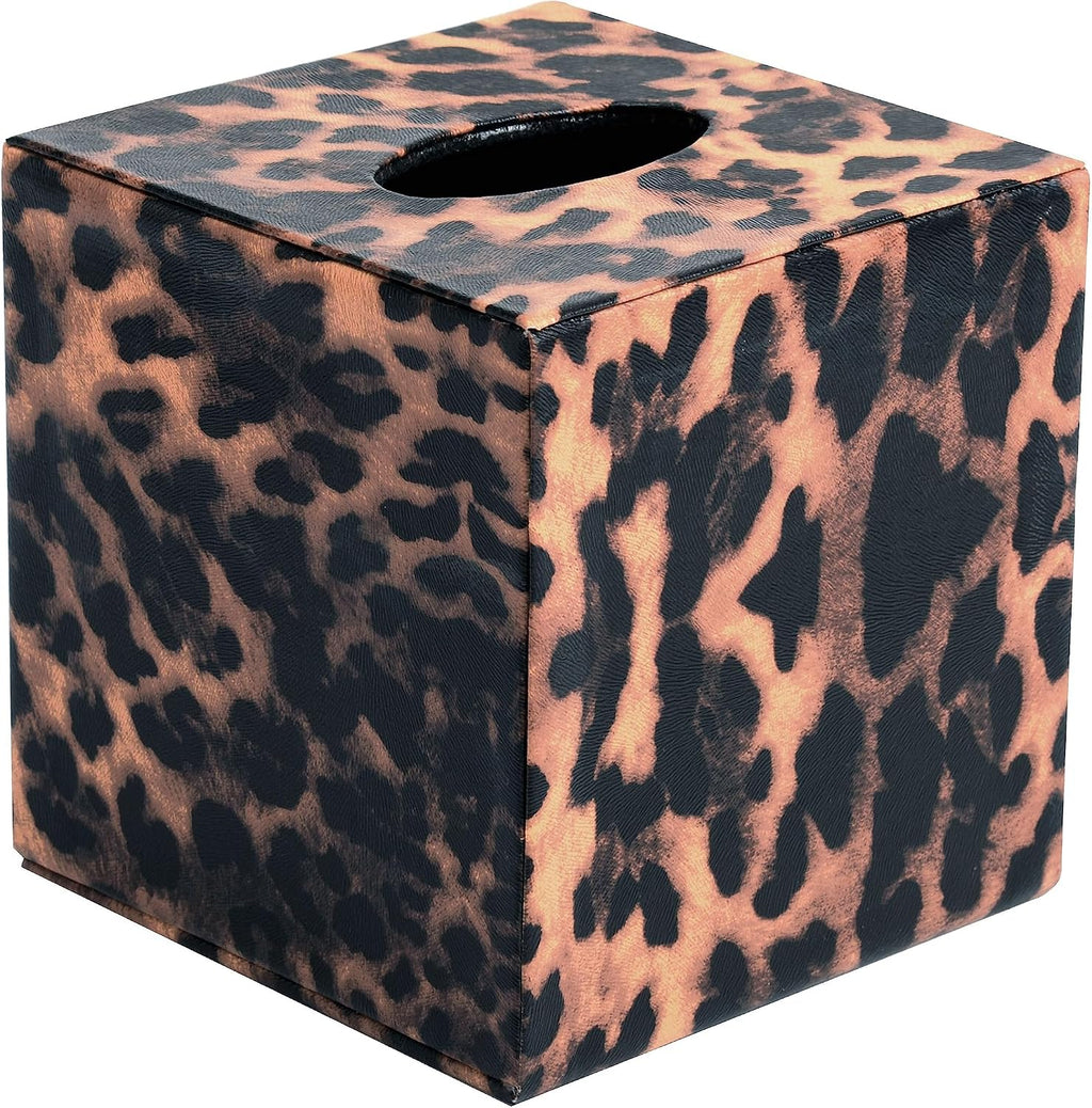 S Forever Home Decor Flower Pattern Faux Leather Tissue Box Cover (Square,Leopard)