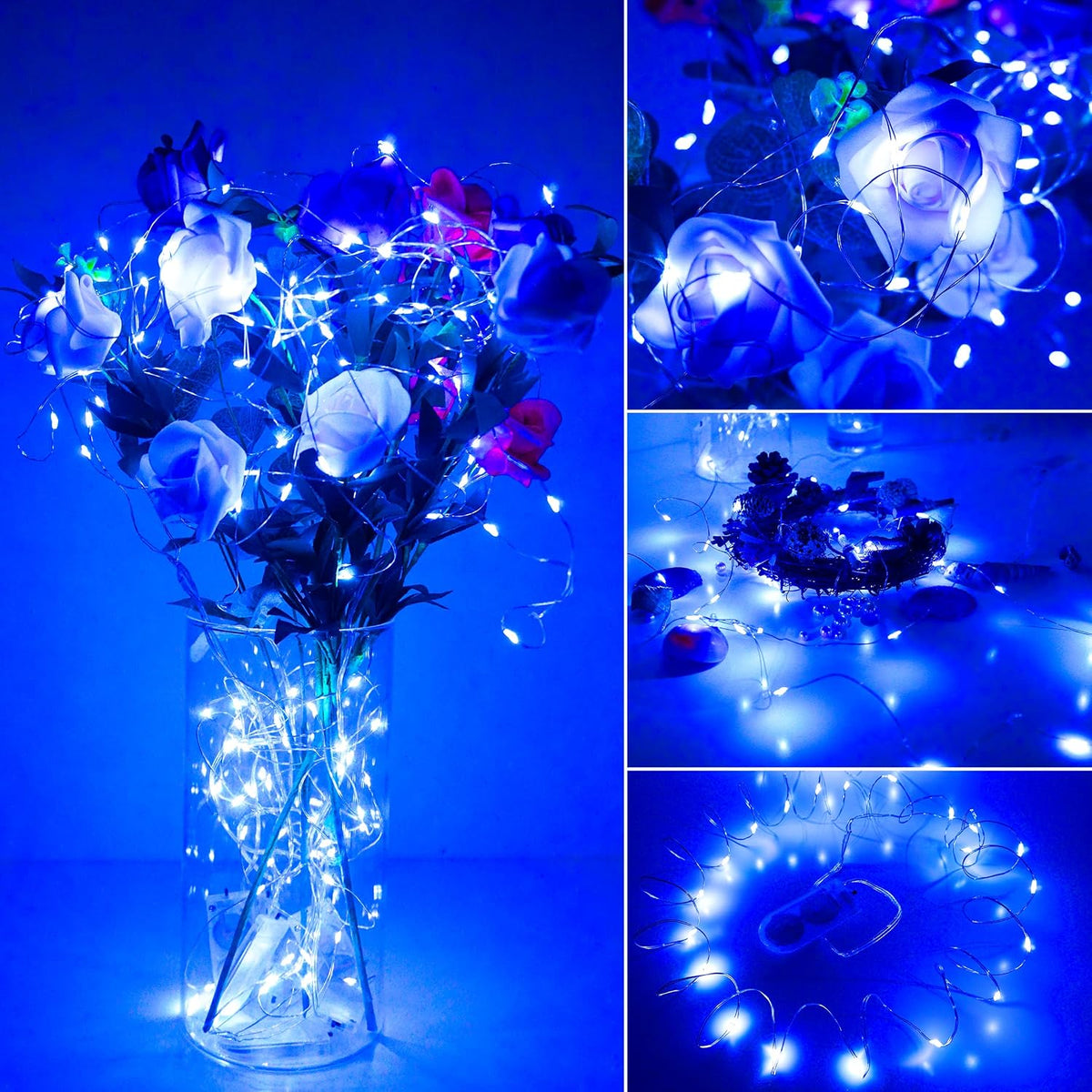 SunKite 16 Packs 20 LED Blue Fairy String Lights Battery Operated Waterproof 6.6 Feet Silver Copper Wire Firefly Starry Moon Lights for DIY Bottle Costume Wedding Party Bedroom Table Decor