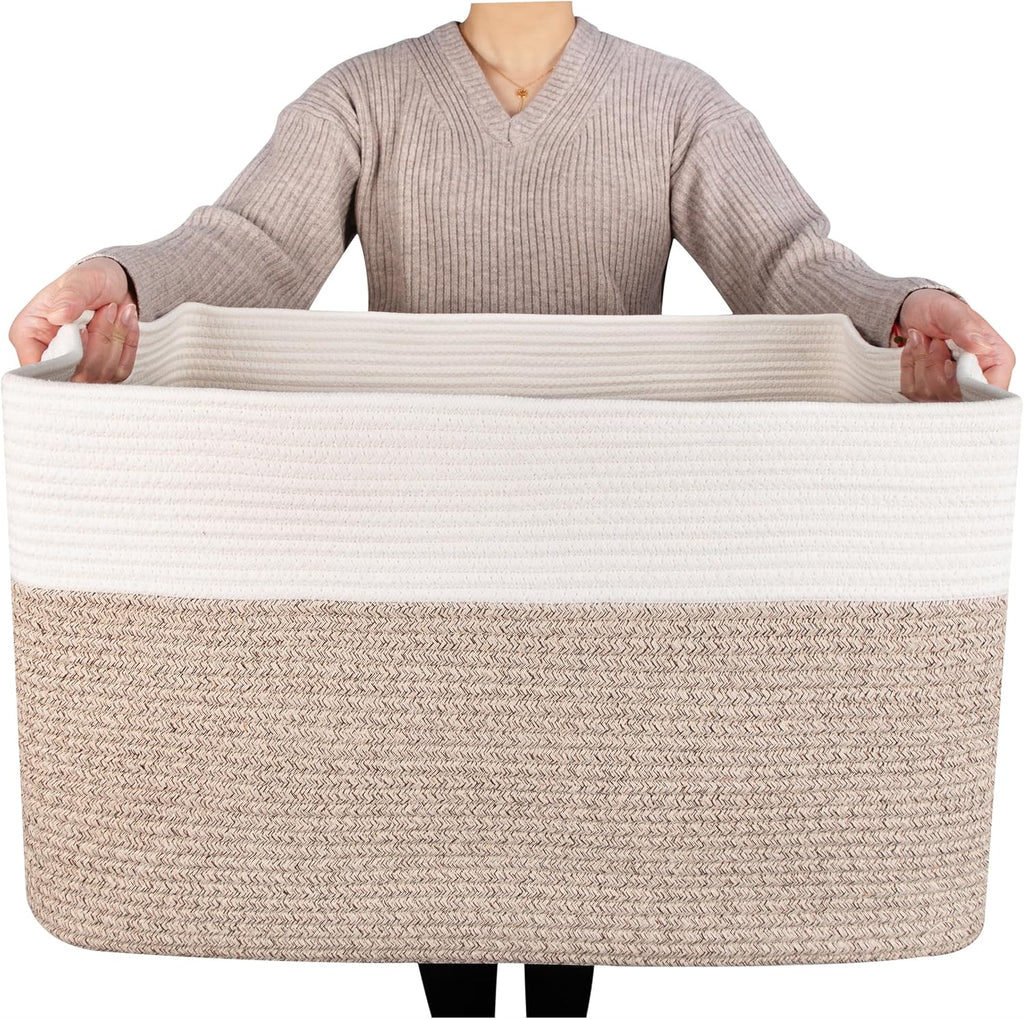 MINTWOOD Design 22in Extra Large Blanket Basket Holder Living Room, Rectangle Rope Woven Storage Basket with Handles for Laundry, Pool Towels, and Shoes, Dog Toy Organizer Bin Box, Light Brown