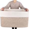 MINTWOOD Design 22in Extra Large Blanket Basket Holder Living Room, Rectangle Rope Woven Storage Basket with Handles for Laundry, Pool Towels, and Shoes, Dog Toy Organizer Bin Box, Light Brown