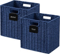 UBBCARE 2 Pack Wicker Basket, 10.5×10.5 Storage Cubes with Label, Foldable Cube Storage Bin with Handle, Square Storage Basket for Shelves, Woven Paper Rope Basket for Organizing, Blue