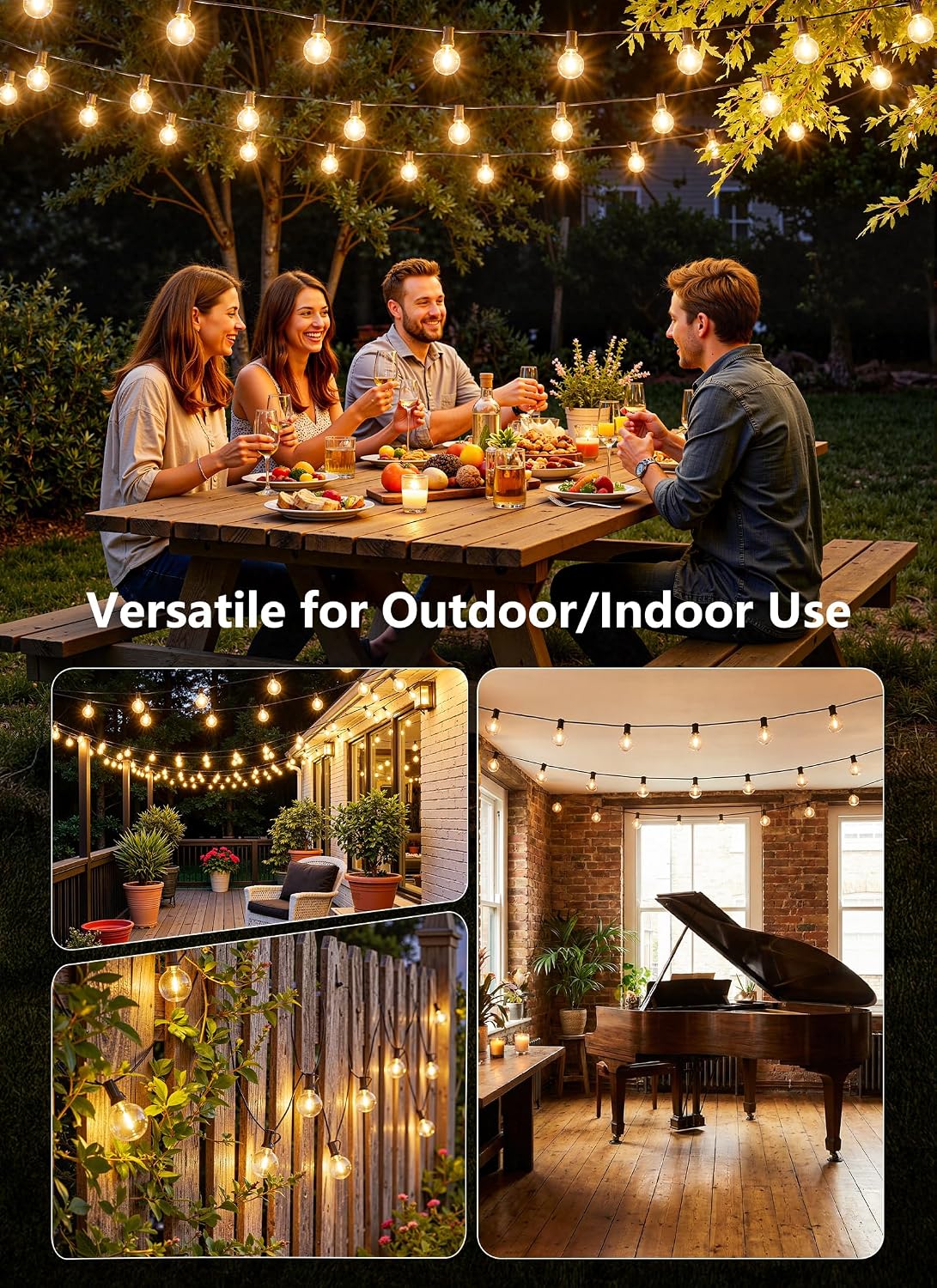 100Ft Outdoor String Lights with Remote, Dimmable G40 LED Bulbs, Waterproof