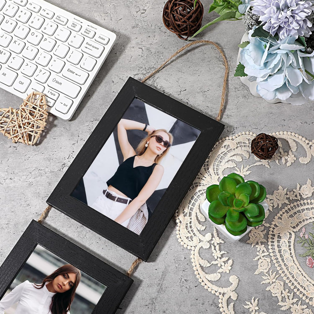 2 Pack Hanging Collage Picture Frames Set, 4 Openings Each For 4x6 Inch Photos, Vertical Multi Photo Display with String For Wall Decor