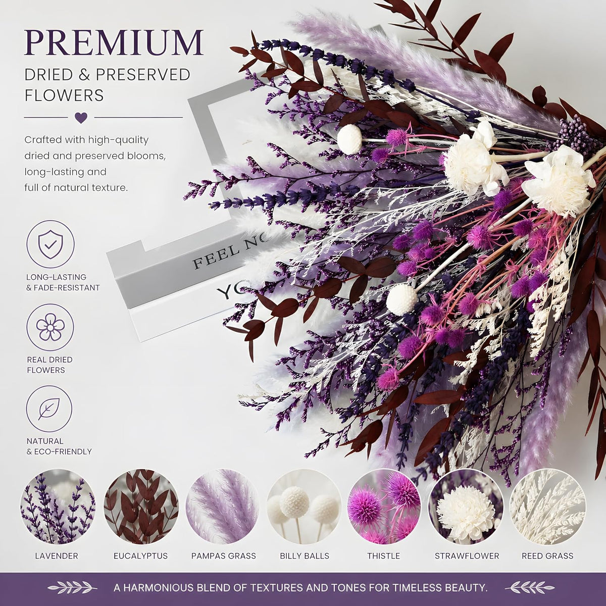 Purple Boho Dried Flower Bouquet 17" Handmade Pampas Decor