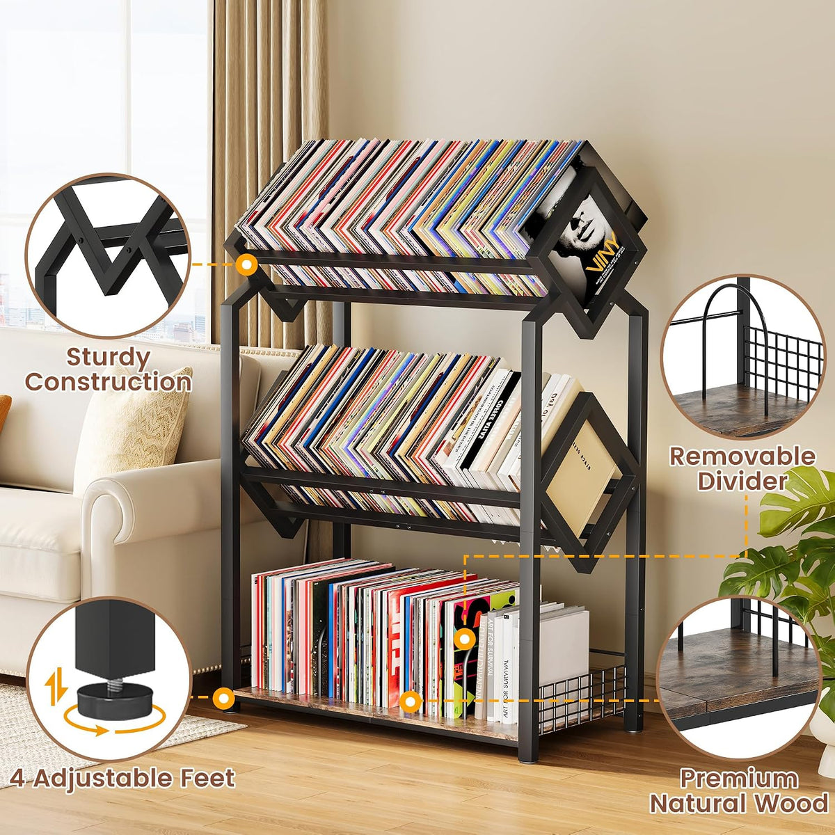 Homeiju 3-Tier Vinyl Record Storage Holder with Dividers