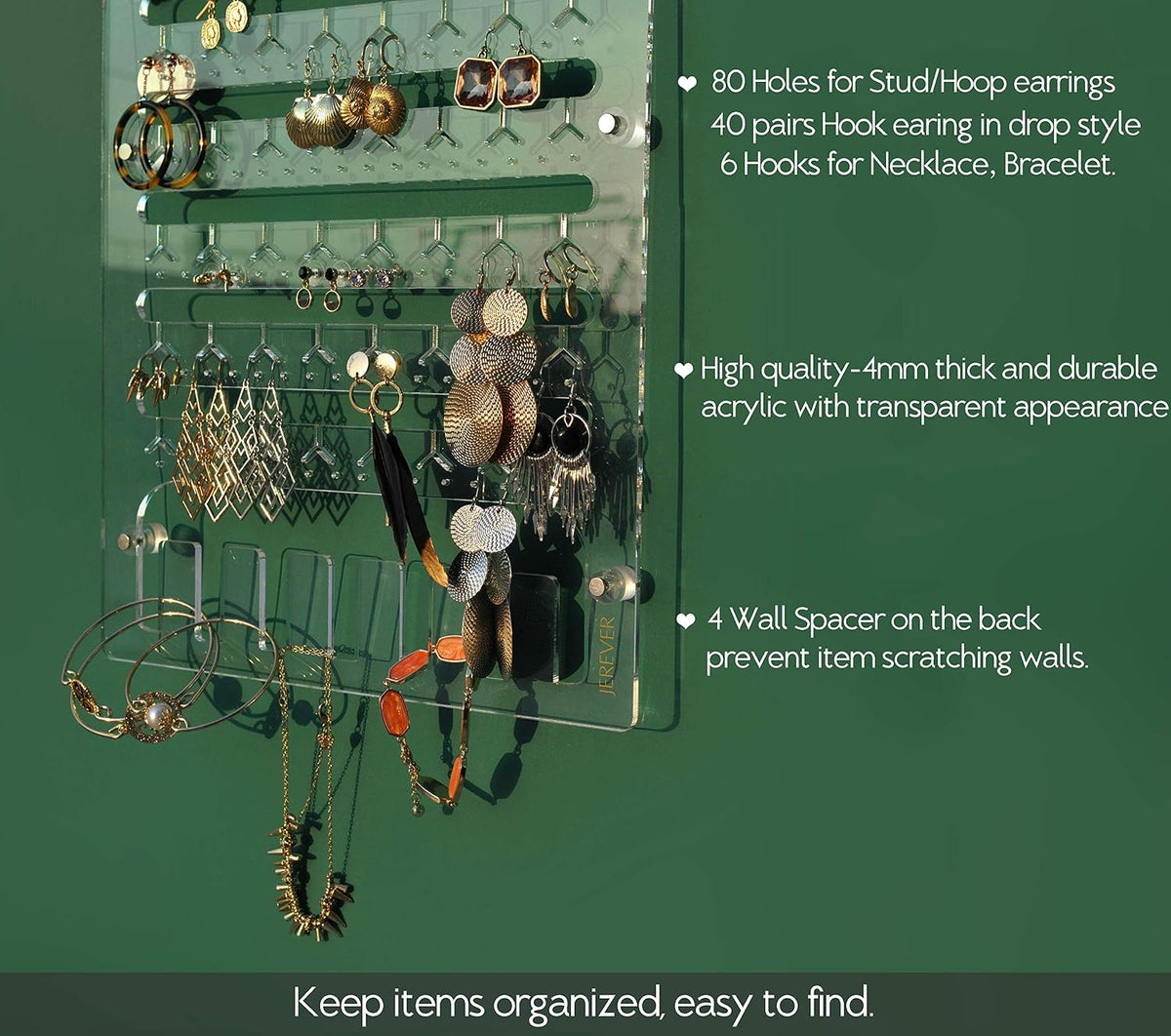 Earring Holder for Wall Hanging Jewelry Organizer Display Acrylic Hanger Rack with 96 Holes, 6 Hooks for Necklaces, Bracelets (Accessories are not included)