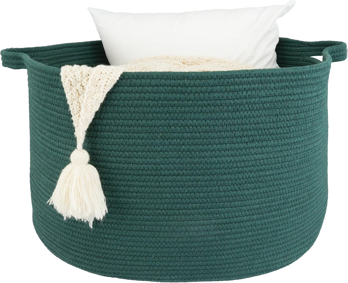 XUANGUO Extra Large Cotton Rope Round Storage Basket 22" x 14" Dark Green