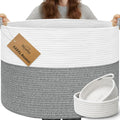XXXXL 125L Extra Large Blanket Basket, 24.8" x 16" Jumbo Woven Basket (Includes 2 Cute Baskets), Cotton Rope Basket with Handle for Living Room, Baby Toys Nursery, Laundry (White/Light Grey)