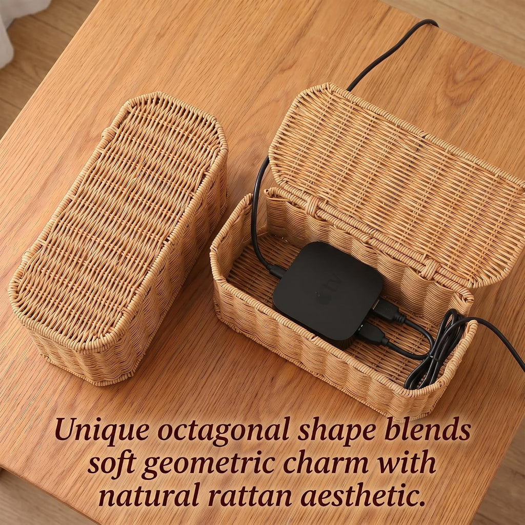 Large Cable Management Box with Lid, Wicker Basket Hides Power Strips, TV Boxes & Routers