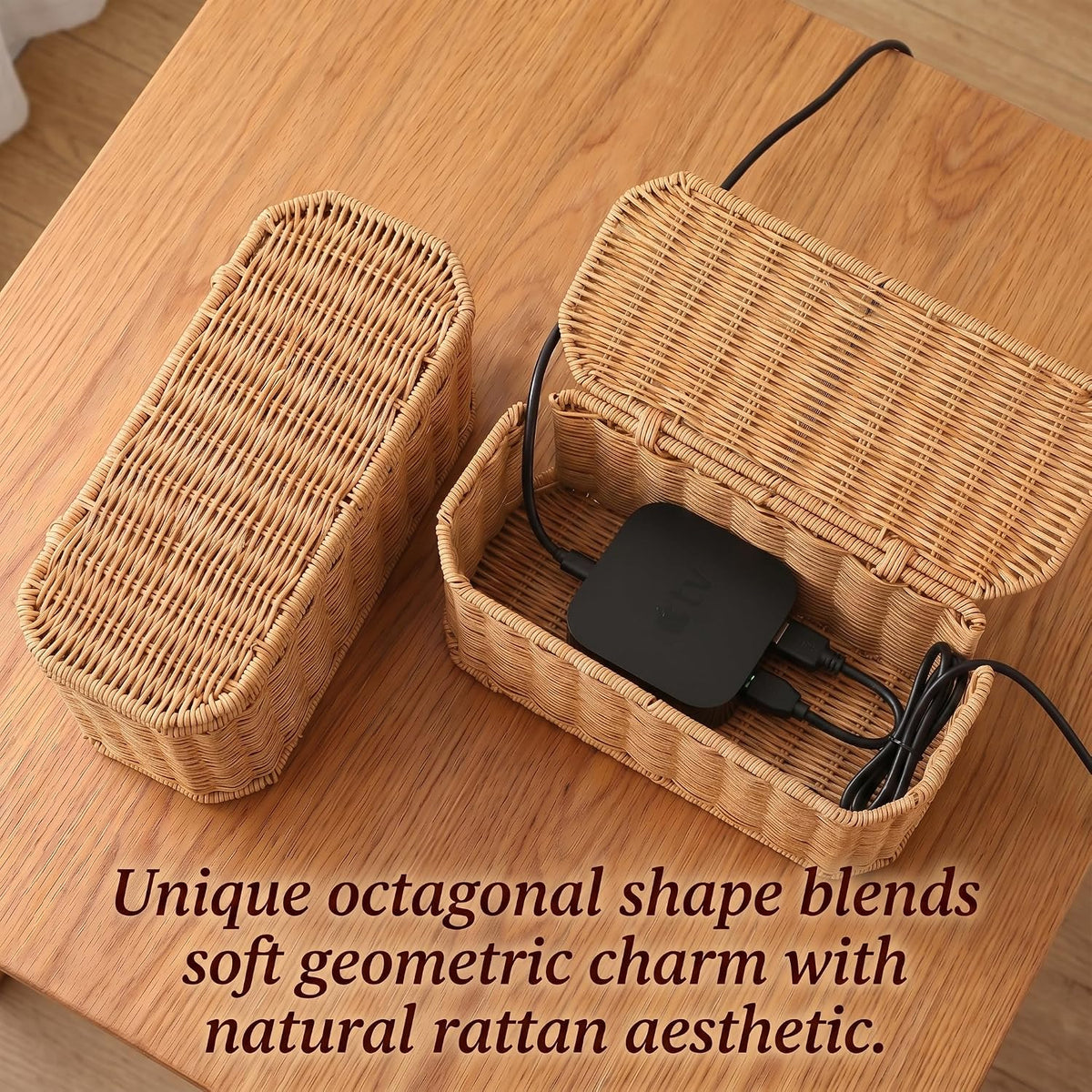 Large Cable Management Box with Lid, Wicker Basket Hides Power Strips, TV Boxes & Routers