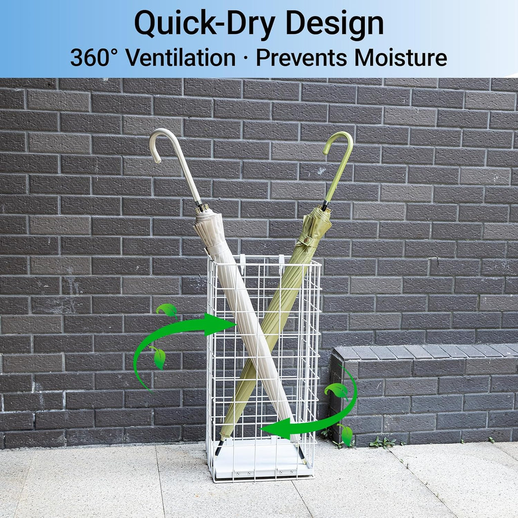 Umbrella Stand, Umbrella Holder for Entryway, Large Metal Foldable Umbrella Rack Organizer Freestanding, with Water Tray and Hooks, Rectangular Hollow Rack 9.5 x 9.5 x 19.7 Inches (White)