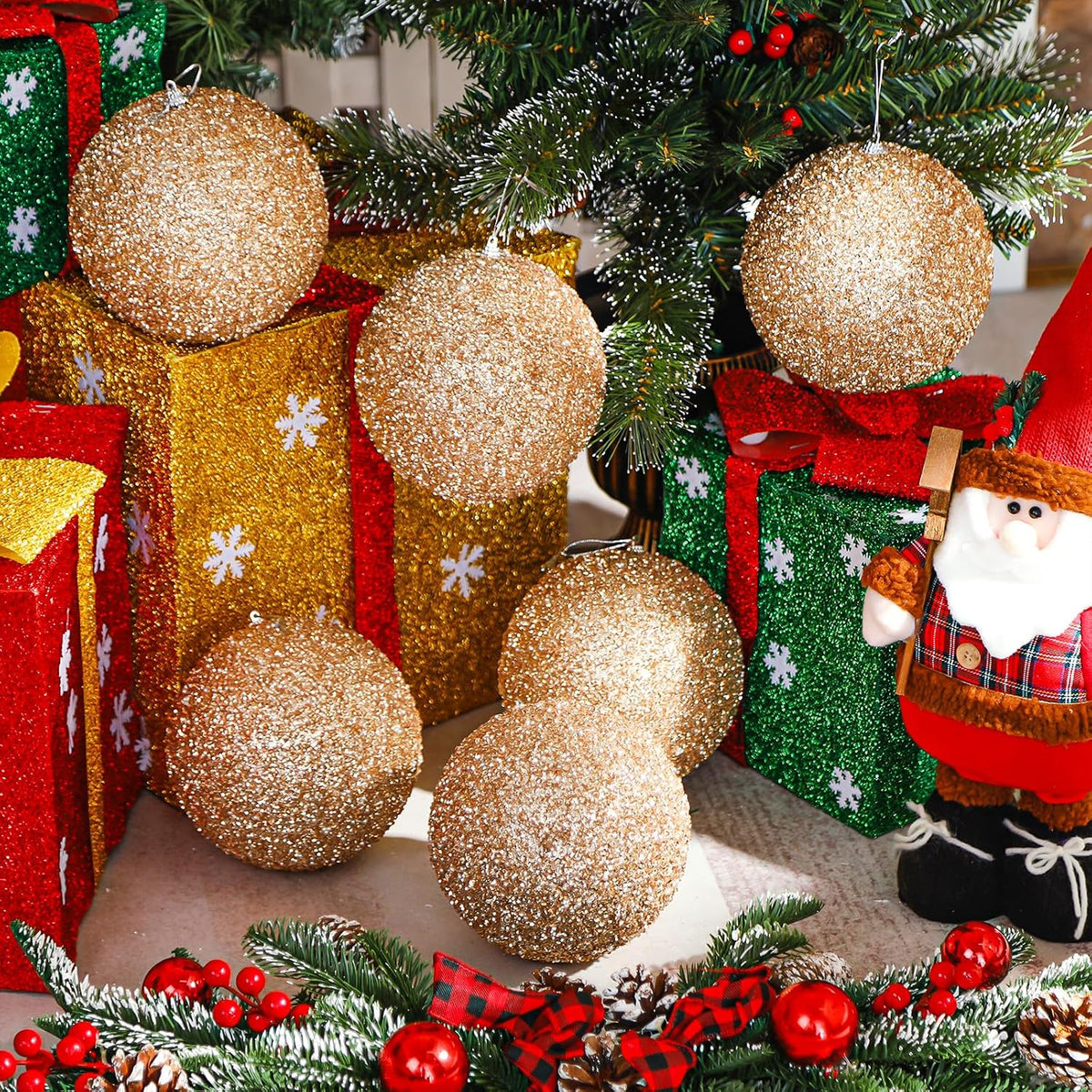 Wettarn 6 Pieces Champagne Assorted Large 6" Christmas Balls Ornaments