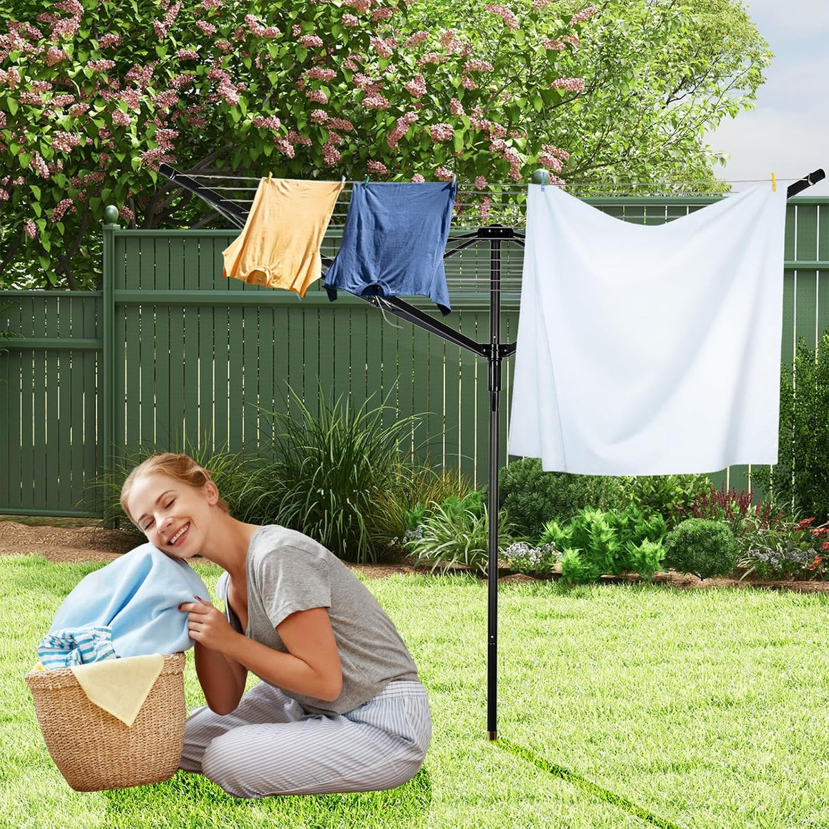 Outdoor Umbrella Drying Rack, 4-Aluminum Arms Folding Rotary Dryer with 12 Lines 165 ft Drying Space Adjustable Height Clothesline w/Waterproof Cover & Ground Spike for Garden Backyard(Black)