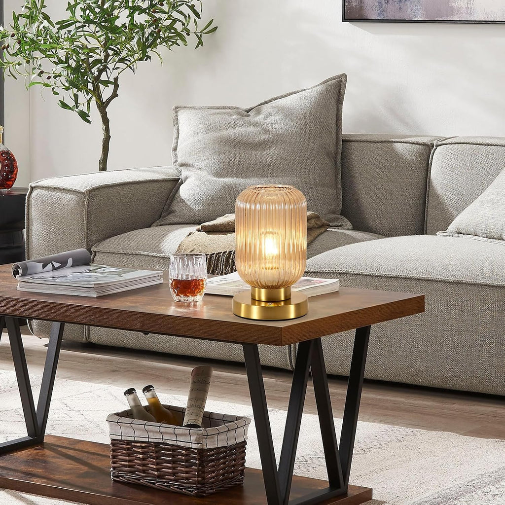 Rechargeable Amber Glass Table Lamp,Vintage Ribbed Bedside Lamp