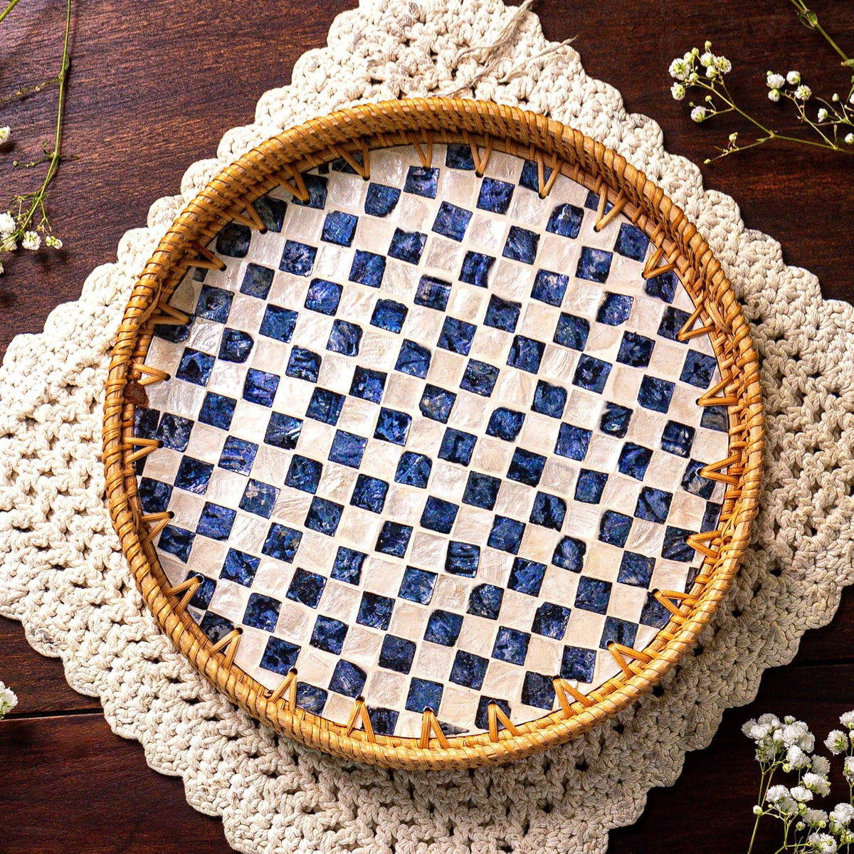 JUNGLE CULTURE Round Rattan Tray with Mother of Pearl Inlay • Drift 14"