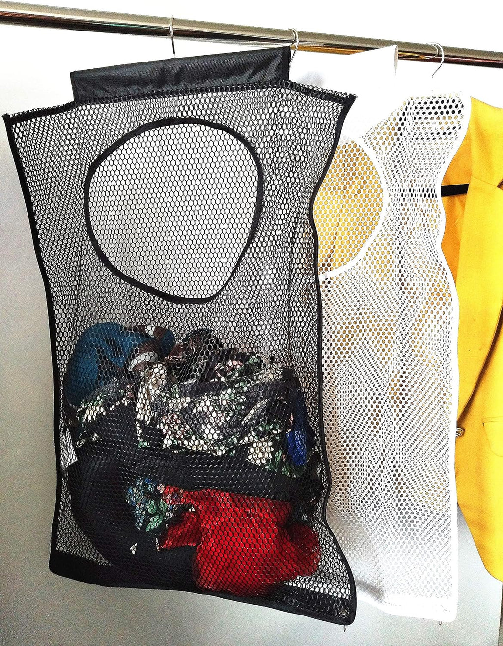 Door-Hanging Mesh Laundry Hamper Bag, Space Saving Corner Small Laundry Basket Dirty Clothes Hamper with Rotating Metal Hanger for Apartment, RV, Camper, Cabin, College Dorm Use(Black)
