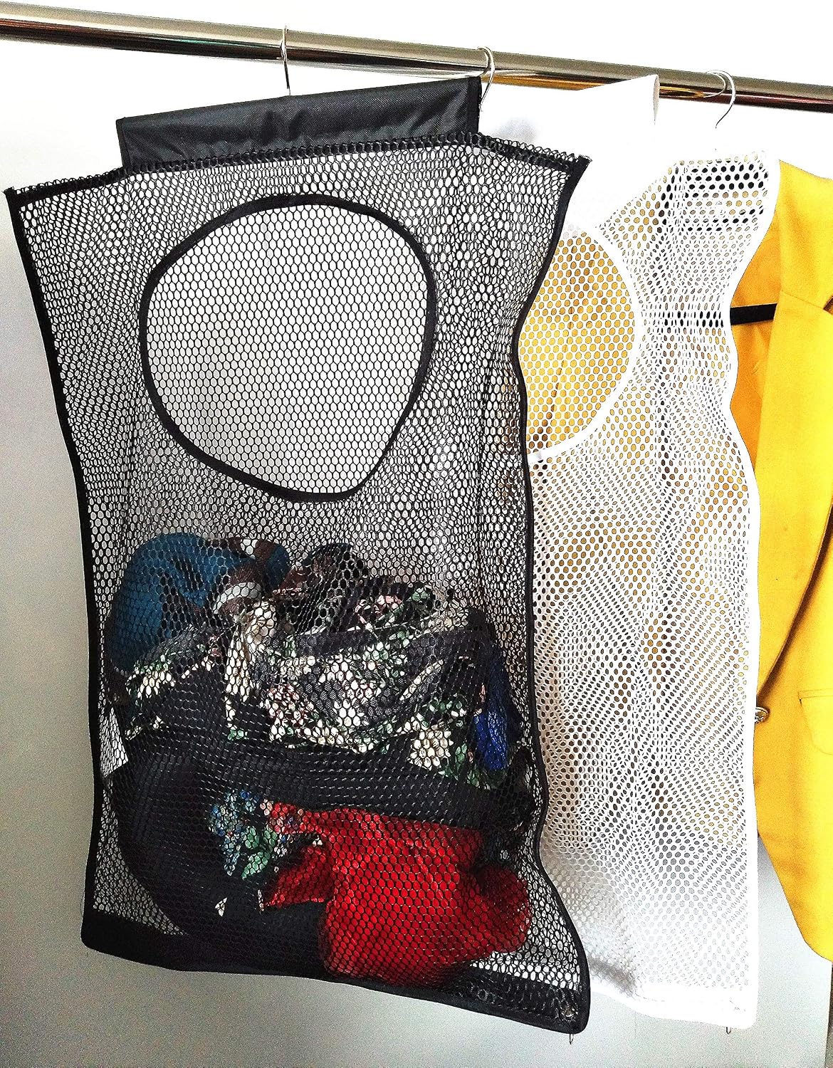Door-Hanging Mesh Laundry Hamper Bag, Space Saving Corner Small Laundry Basket Dirty Clothes Hamper with Rotating Metal Hanger for Apartment, RV, Camper, Cabin, College Dorm Use(Black)